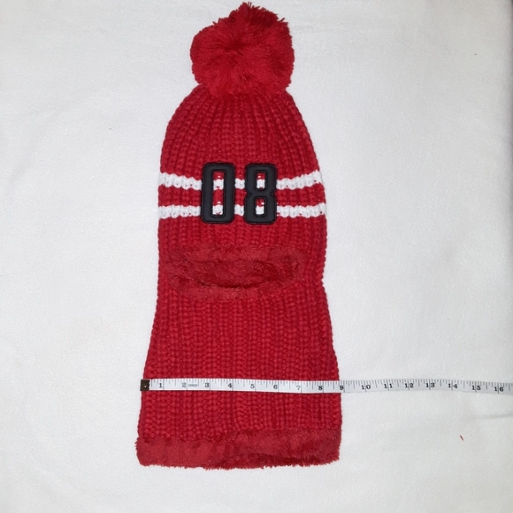Fleece Lined Red Balaclava Knit Ski Mask Beanie - Picture 6 of 8